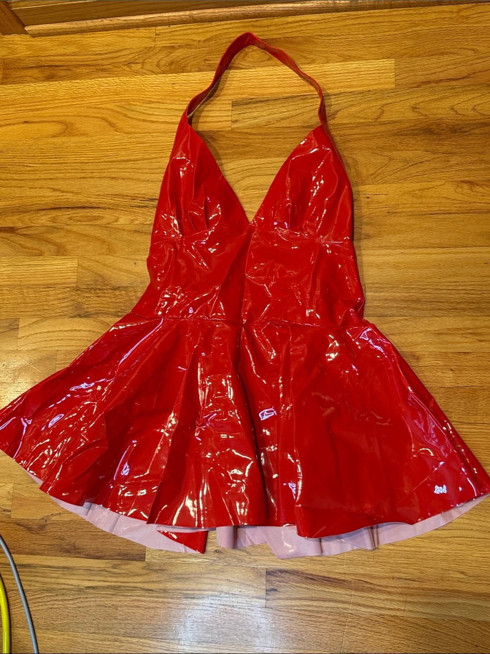 Women's Medium Large Red Patent Leather Polyurethane Halter Mini Dress